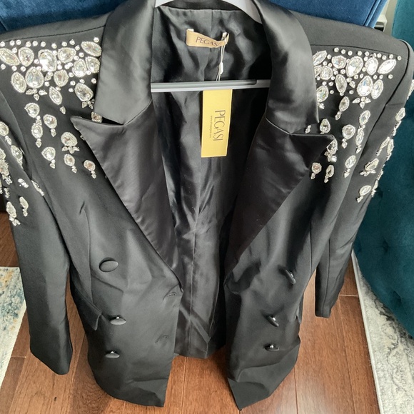 Pegasi Black Double Breasted Blazer with Embellishment - Picture 4 of 11